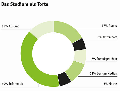 Das Studium als Tortendiagramm: 40 % Informatik, 17 % Praxis, 13 % Ausland, 11 % Design/Medien, 7 % Fremdsprachen, 6 % Mathe und 6 % Wirtschaft